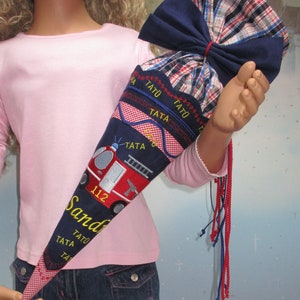 Sac de maternelle 21-68 frères et sœurs en tissu petit cartable + oreiller pompiers voiture garçon bleu rouge inscription scolaire UNIKAT conception de robe de fée faite à la main