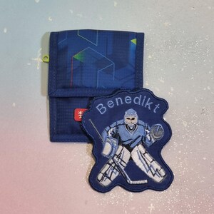 Klettie Patch 10-12 cm Eishockey Torhüter für Magnet für Lasche Schulranzen  Blau  Schultüte Einschulung Handgefertigt FeenkleidDesign