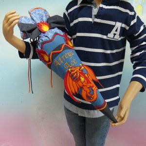 Sac de maternelle 21-113 frères et sœurs en tissu petit cartable + oreiller dragon flammes garçon bleu inscription scolaire UNIKAT conception de robe de fée faite à la main