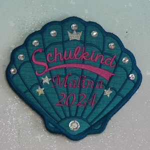 Patch Klettie 12 + 13 + 14 cm Coquillage Sirène Écolière 2024 pour Cartable Aimant Turquoise Rose Application Inscription Scolaire Robe de Fée Design