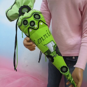 Sac de maternelle 21-65 frères et sœurs en tissu petit sac d'école + oreiller tracteur bouledogue garçon vert inscription à l'école UNIKAT conception de robe de fée