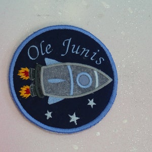 Patch Klettie 11 cm Rocket Space Astonauts Bleu Nom de souhait pour aimant Cartable Application Cône d'école Inscription scolaire Robe de fée Design