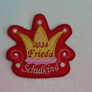 Patch Klettie XL 14 cm Couronne Princesse Nom de souhait Date Écolier Aimant Cartable Application Rouge Or Inscription scolaire Robe de fée Design