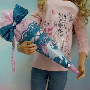 Sac de maternelle 21-06 frères et sœurs en tissu petit cartable + oreiller licorne cheval turquoise rose filles école UNIKAT robe de fée design