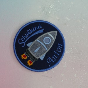 Klettie Patch 11 cm Rocket Space Astonauts Bleu Nom d'écolier Souhait pour aimant Cartable Demande Inscription scolaire Robe de fée Design