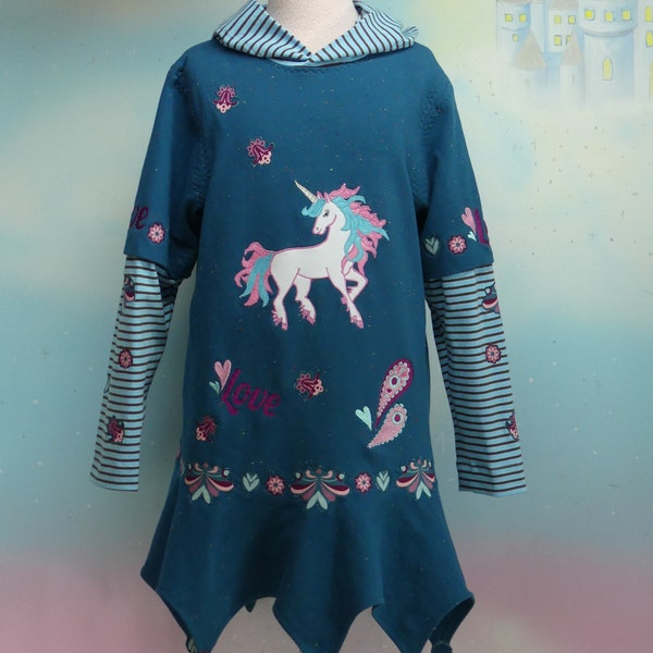 1Teil ZipfelPulli Gr. 86-140 Einhorn Katze Kitty Hund  Kapuzen Pullover Pulli Hoodie Türkis  Beere Mädchen Unikat Handmade FeenkleidDesign