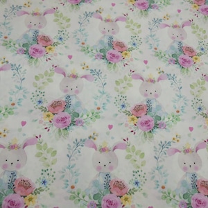 BW fabric 50 cm Hilco 100% cotton poplin pastel tones cream white rabbit rabbit flowers Girls Thing A1636-3 Oeko-Tex Standard fairy dress design