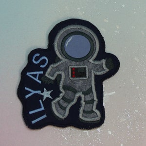 Patch Klettie 12-13 cm Astronautes Espace Bleu Nom ou souhait d'écolier pour cartable aimanté Inscription scolaire Robe de fée Design