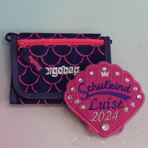 Patch Klettie 11 cm Coquillage Sirène Nom d'écolier pour cartable aimanté Violet Rose VertDemande d'inscription scolaire Robe de féeDesign