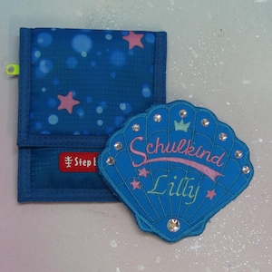 Patch Klettie 11 cm Coquillage Sirène Écolière Nom pour Aimant Cartable Bleu Rose Application Inscription Scolaire Robe de Fée Design