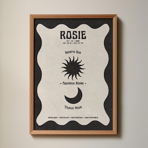 Stampa zodiacale personalizzata unica - Sole, Luna, segno ascendente personalizzati - Tema natale astrologico vintage da parete, regalo granuloso - Download digitale