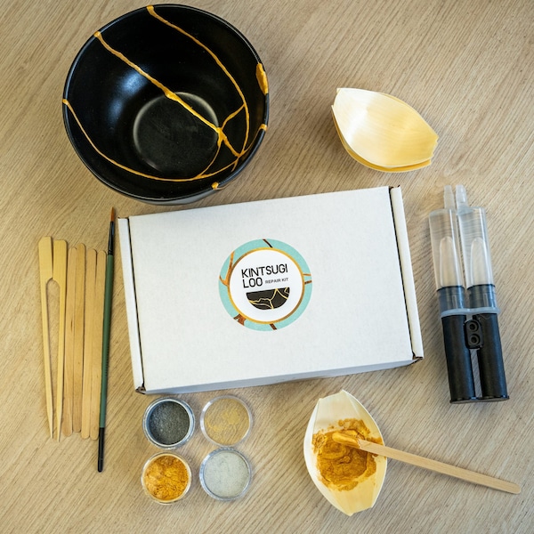 Kintsugi Repair Kit für Keramik Geschirr - Kintsugi Reparatur Set Gold und Silber - Keramik Reparaturset für Teller, Schale, Bowl
