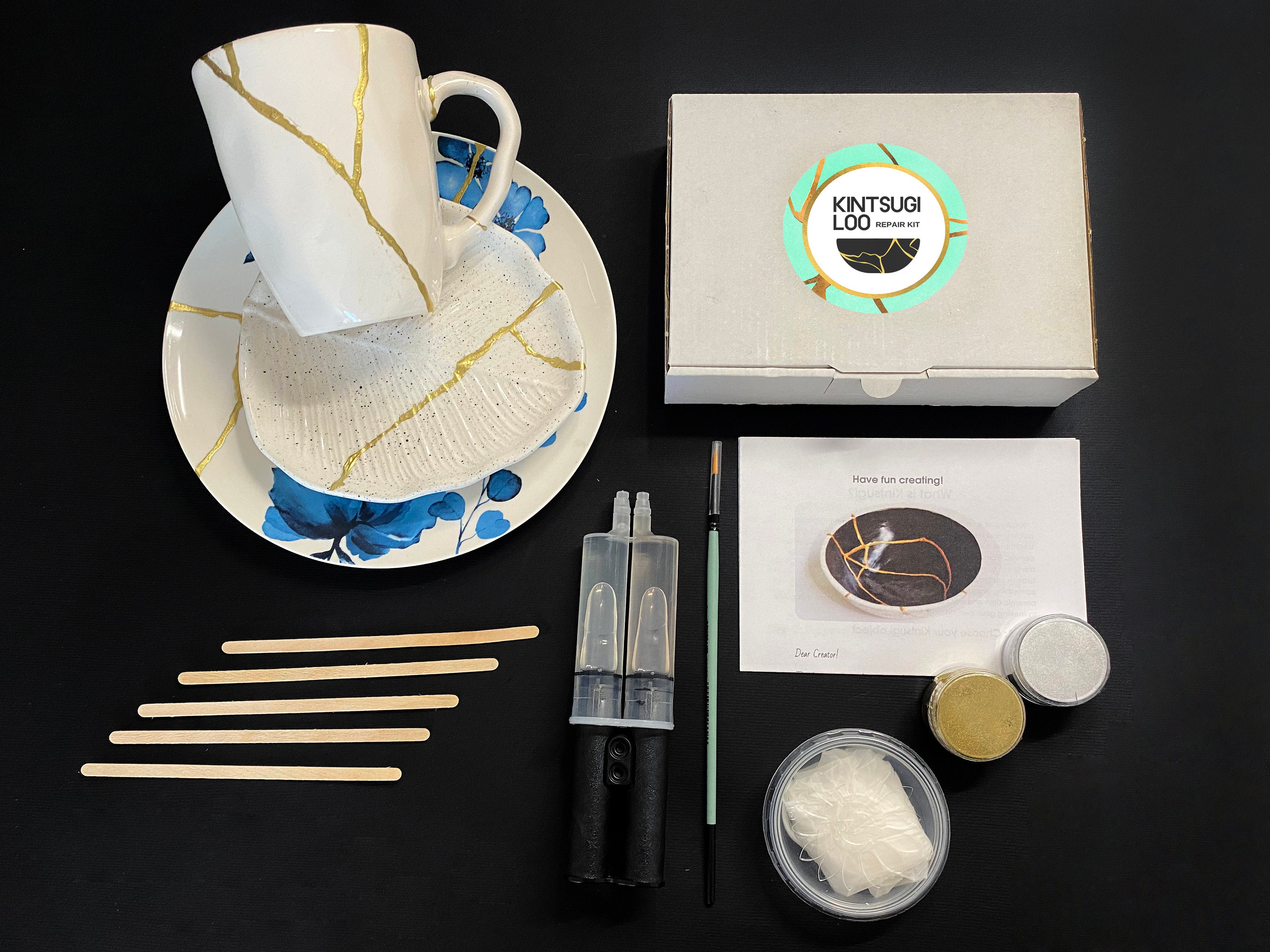 Kintsugi Repair Kit,Japanese Gold Ceramic Restoration Set(Be Curing in 30  Minutes),Repair Pottery with Powder Glue,Ceramic Repair Kit for Beginners