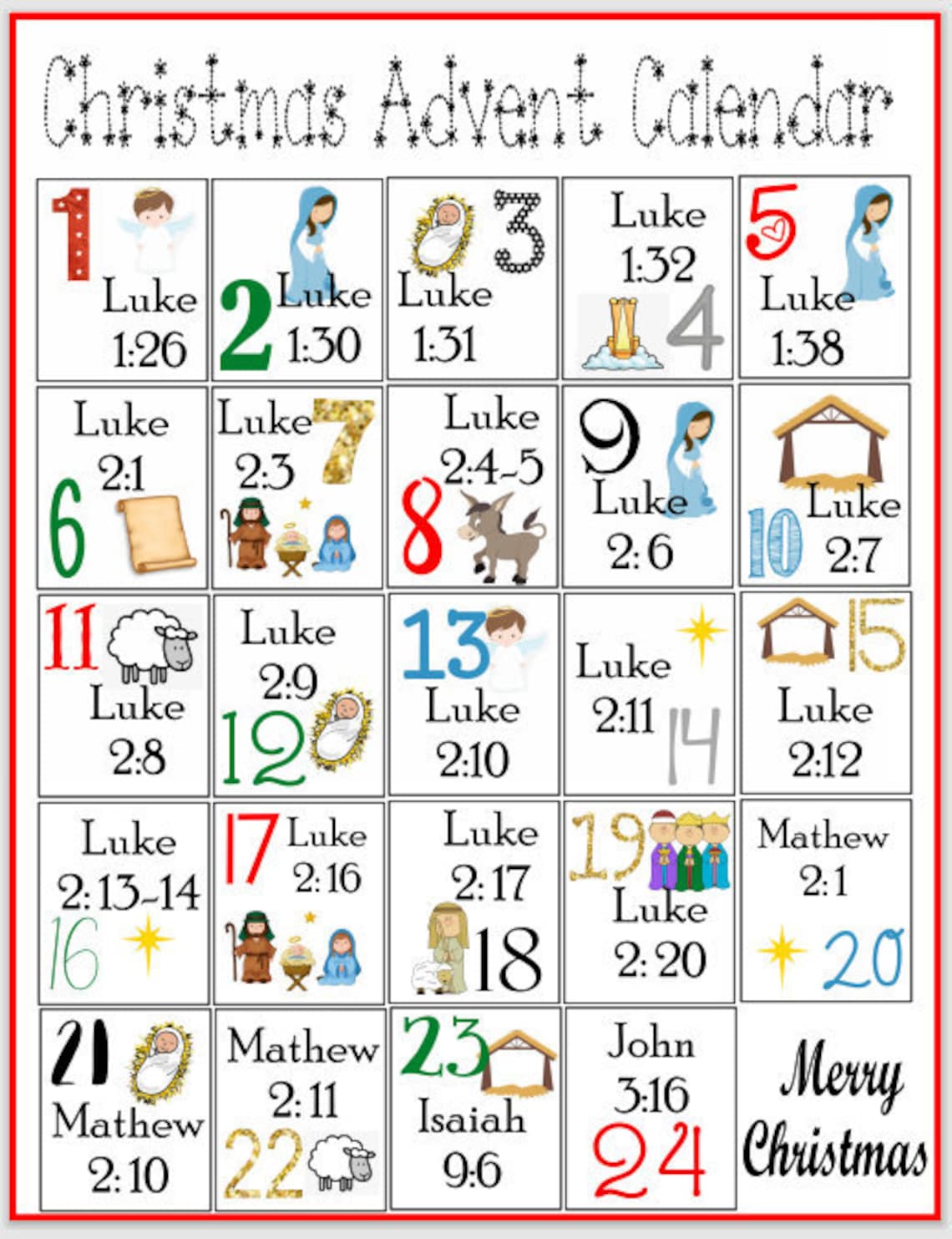 Printable Advent Calendar Scripture Christmas Countdown Etsy