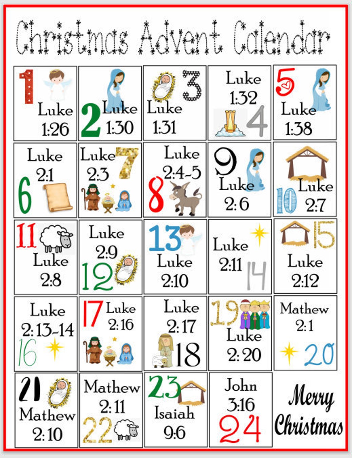 Printable Advent Calendar Scripture Christmas Countdown Etsy