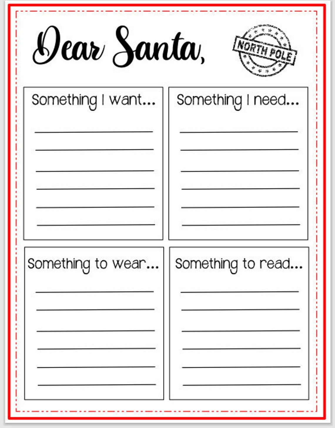Santa List Printable Want, Need, Read, Wear Etsy