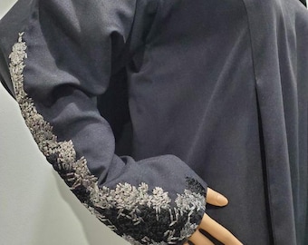 Geborduurde abaya voor dames, lange jurk, zwarte abaya, geborduurde zwarte abaya-hijab