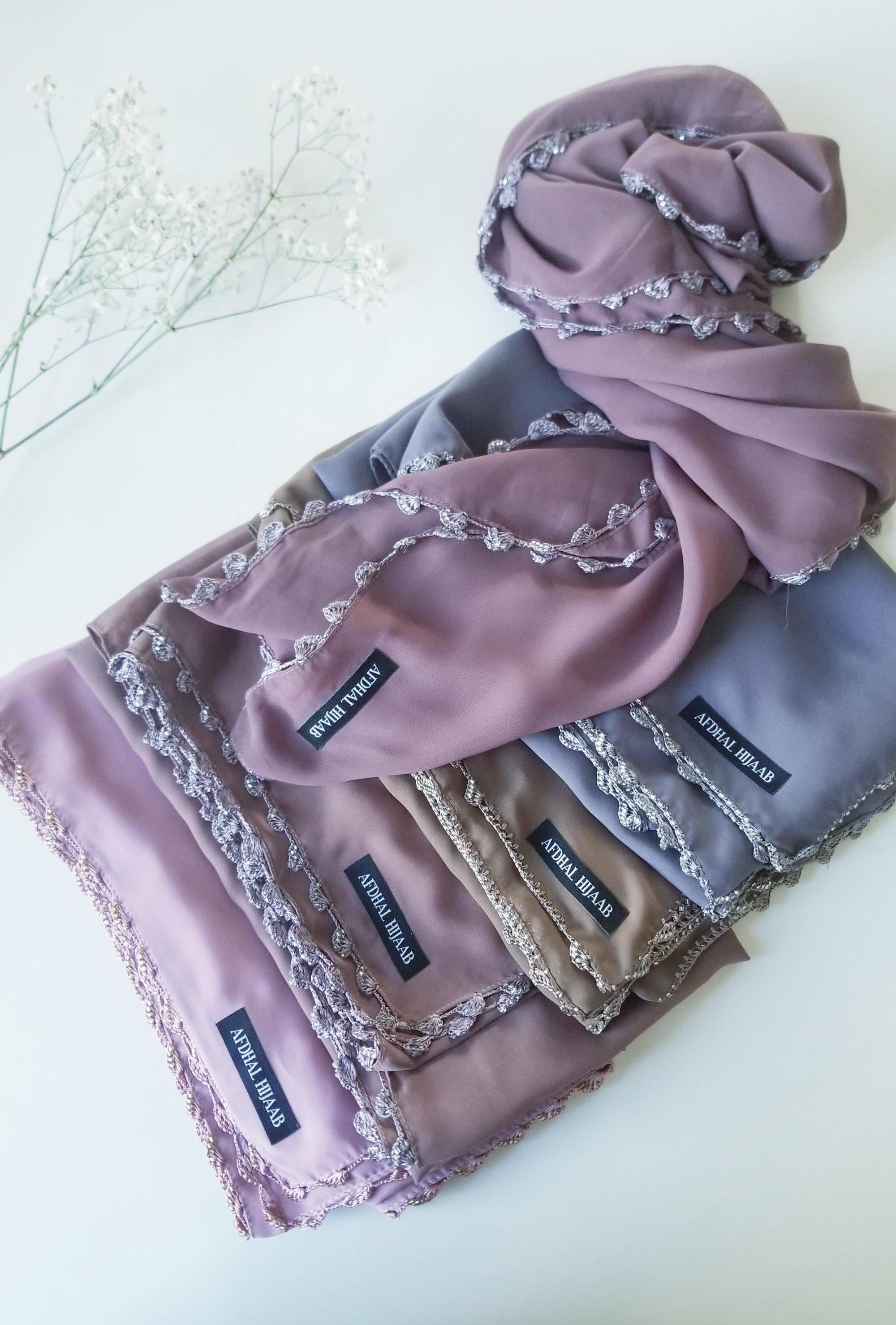 Chiffon Hijab with crocheted beads, embroidered chiffon hijab, crochet trim, fancy chiffon