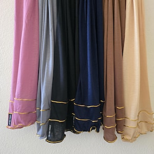 Jersey Hijab, Cotton Jersey Hijab with frills, Jersey hijab with golden trim, soft hijab for girls, easy to wear hijab