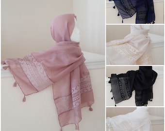 Cotton Viscose Hijab Wrap shawl Head scarf for women, lace hijab, tassel and lace hijab, fancy formal scarf, bridal hijab, lace hijaab scarf