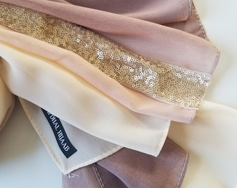 Hijab de gasa con lentejuelas, hijab de gasa elegante con efecto degradado, hijab de gasa bicolor