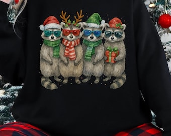 Sudadera navideña de mapache, linda camiseta navideña de mapache, suéter navideño divertido, suéter navideño de mapache con gorro de Papá Noel, camiseta navideña salvaje, 030