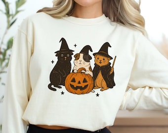 Camiseta de manga comprida de Halloween com estampa de porquinho-da-índia, camiseta engraçada de abóbora fantasma de porquinho-da-índia, camiseta assustadora de outono com estampa de porquinho-da-índia, presente para amantes de porquinhos-da-índia, T013