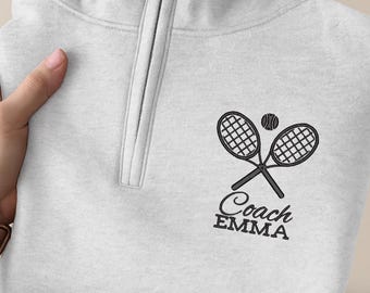 Sudadera de tenis bordada con cremallera de un cuarto, jersey de tenis personalizado, regalo para entrenador con media cremallera y nombre personalizado, N087
