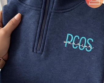 Sudadera con cremallera de un cuarto bordada "PCOS Warrior", conmemorativa de la infertilidad y regalo para supervivientes del SOP, N222