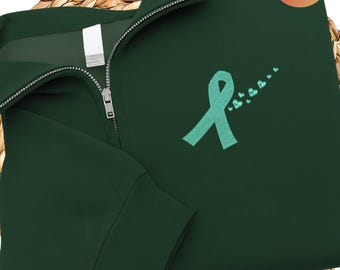 Sudadera con cremallera de un cuarto bordada sobre cáncer de cuello uterino, jersey de concienciación sobre el cáncer de cuello uterino, regalo con lazo en forma de corazón para la concienciación sobre el cáncer de cuello uterino, N237