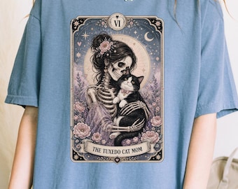 Floral Tuxedo Cat Mom Tarot Card Shirt, Skeleton Cat Mom Tee, Witchcore Halloween Tee, S150