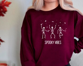 Dancing Skeleton Crewneck, Sudadera con capucha para fiestas de Halloween, camisa divertida de Happy Halloween, sudadera de gran tamaño, sudadera De vibraciones espeluznantes / sudadera con capucha