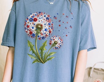 Comfort Colors® Patriotic Dandelion Shirt, USA Floral T-Shirt, Red White Blue Summer Tee, Fourth of July Graphic Top, S093