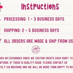 K&ouml;nnte beinhalten: Anweisungen zum Bestellen von individuellen Shirts. Die Bearbeitung dauert 1-3 Werktage, der Versand 2-5 Werktage. Alle Bestellungen werden in den USA hergestellt und versandt. Es gibt keine R&uuml;ckerstattungen oder Umtausche, da jedes Shirt individuell angefertigt wird. Wenden Sie sich sofort an den Verk&auml;ufer, wenn ein Qualit&auml;tsproblem auftritt.