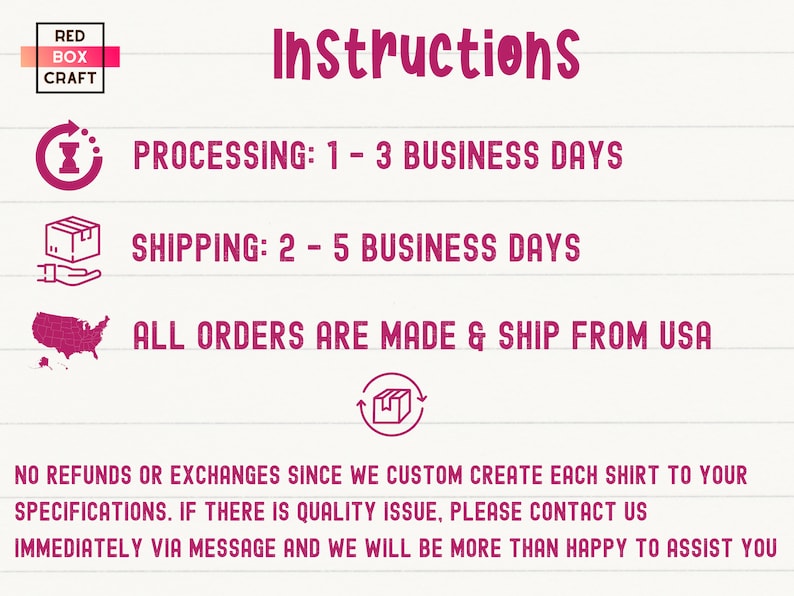 K&ouml;nnte beinhalten: Anweisungen zum Bestellen von individuellen Shirts. Die Bearbeitung dauert 1-3 Werktage, der Versand 2-5 Werktage. Alle Bestellungen werden in den USA hergestellt und versandt. Es gibt keine R&uuml;ckerstattungen oder Umtausche, da jedes Shirt individuell angefertigt wird. Wenden Sie sich sofort an den Verk&auml;ufer, wenn ein Qualit&auml;tsproblem auftritt.