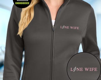 Lineman Wife Full Zip Fleece Jacket, Embroidered Lightning Bolt Jacket
