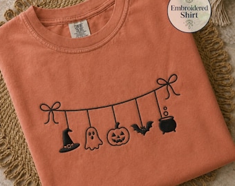 Embroidered Halloween Icons Shirt, Comfort Colors Ghost Pumpkin T-Shirt, Spooky Season Gift