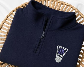 Personalized Badminton Quarter Zip Fleece Sweatshirt, Custom Embroidered Name Initials Shuttle, Team Player Coach Pullover Gift, Q003