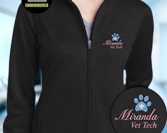 Personalized Veterinary Technician Full Zip Jacket, Embroidered Vet Tech Name Fleece, Paw Print Animal Care Work Jacket, Gift for Vet Tech