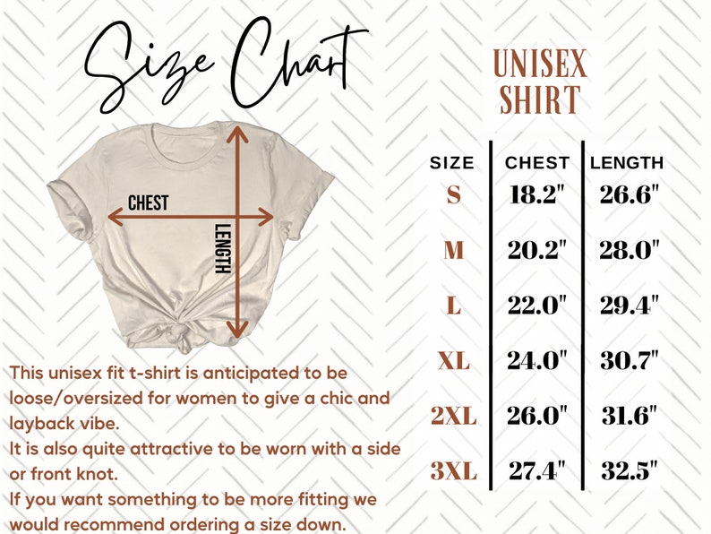 May include: Unisex t-shirt size chart with measurements in inches for chest and length. Sizes include S, M, L, XL, 2XL, and 3XL.