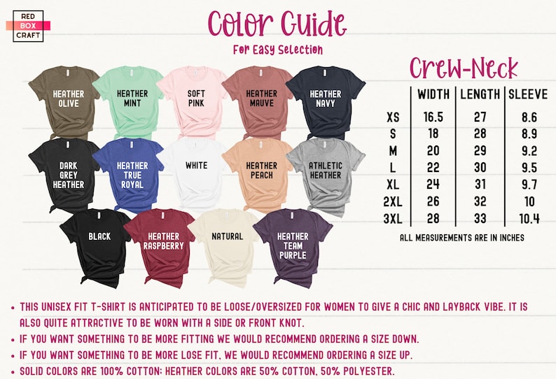 K&ouml;nnte beinhalten: Farbguide f&uuml;r ein Rundhals-T-Shirt mit einer Gr&ouml;&szlig;entabelle. Die Tabelle zeigt die Ma&szlig;e f&uuml;r Breite, L&auml;nge und &Auml;rmel in Zoll f&uuml;r die Gr&ouml;&szlig;en XS bis 3XL. Das T-Shirt ist in verschiedenen Farben erh&auml;ltlich, darunter Heather Olive, Heather Mint, Soft Pink, Heather Mauve, Heather Navy, Dark Grey Heather, Heather True Royal, Wei&szlig;, Heather Peach, Athletic Heather, Schwarz, Heather Raspberry, Natur und Heather Team Purple.
