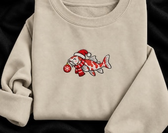 Christmas Koi Fish Embroidered Crewneck Sweatshirt, Festive Japanese Carp Holiday Design, Koi Lover Gift