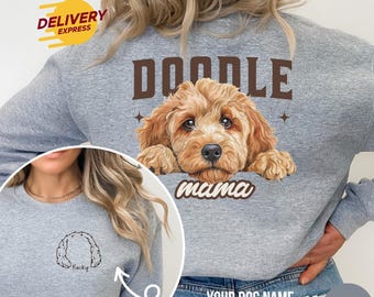 May include: A gray sweatshirt with the text "Doodle mama" and a doodle dog illustration on the back. The front of the sweatshirt has a small doodle dog illustration with the text "Rocky".