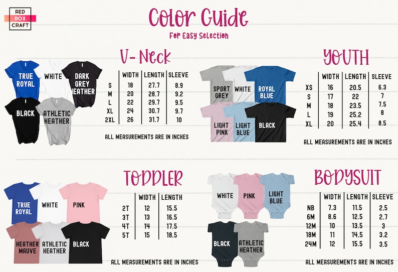 K&ouml;nnte beinhalten: Farbguide f&uuml;r V-Ausschnitt, Jugend, Kleinkind und Bodyshirts. Die Tabelle zeigt verschiedene Farben und Gr&ouml;&szlig;en mit den entsprechenden Ma&szlig;en f&uuml;r Breite, L&auml;nge und &Auml;rmel in Zoll.