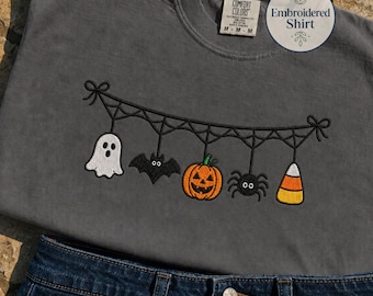 Embroidered Halloween Shirt, Comfort Colors Ghost Pumpkin T-Shirt, Spooky Clothesline Tee