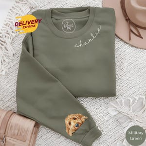 May include: A green sweatshirt with the name "charlie" embroidered on the front. The sweatshirt has a brown dog peeking out from the sleeve.