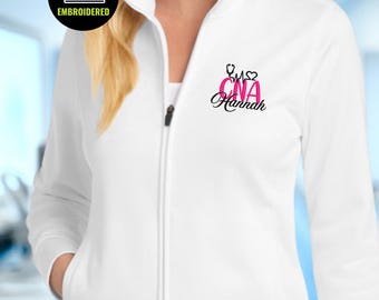 Embroidered Certified Nursing Assistant Full Zipper Jacket, Personalized CNA Name Fleece Jacket, Nurse Aide Appreciation Wear