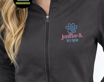 Embroidered Veterinary Crew Full Zip Jacket, Custom Name Paw With Bandage Jacket