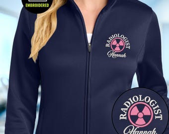 Geborduurd fleecejack met volledige ritssluiting voor radiologen, jack met aangepast stralingssymbool, cadeau voor radiologietechnici
