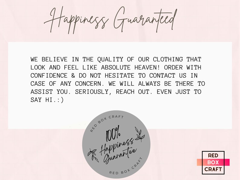K&ouml;nnte beinhalten: Ein grauer Kreis mit dem Text "100% Happiness Guarantee" und den Worten "Red Box Craft" auf beiden Seiten. Der Text ist in einer handschriftlichen Schrift. Der Hintergrund ist hellrosa.